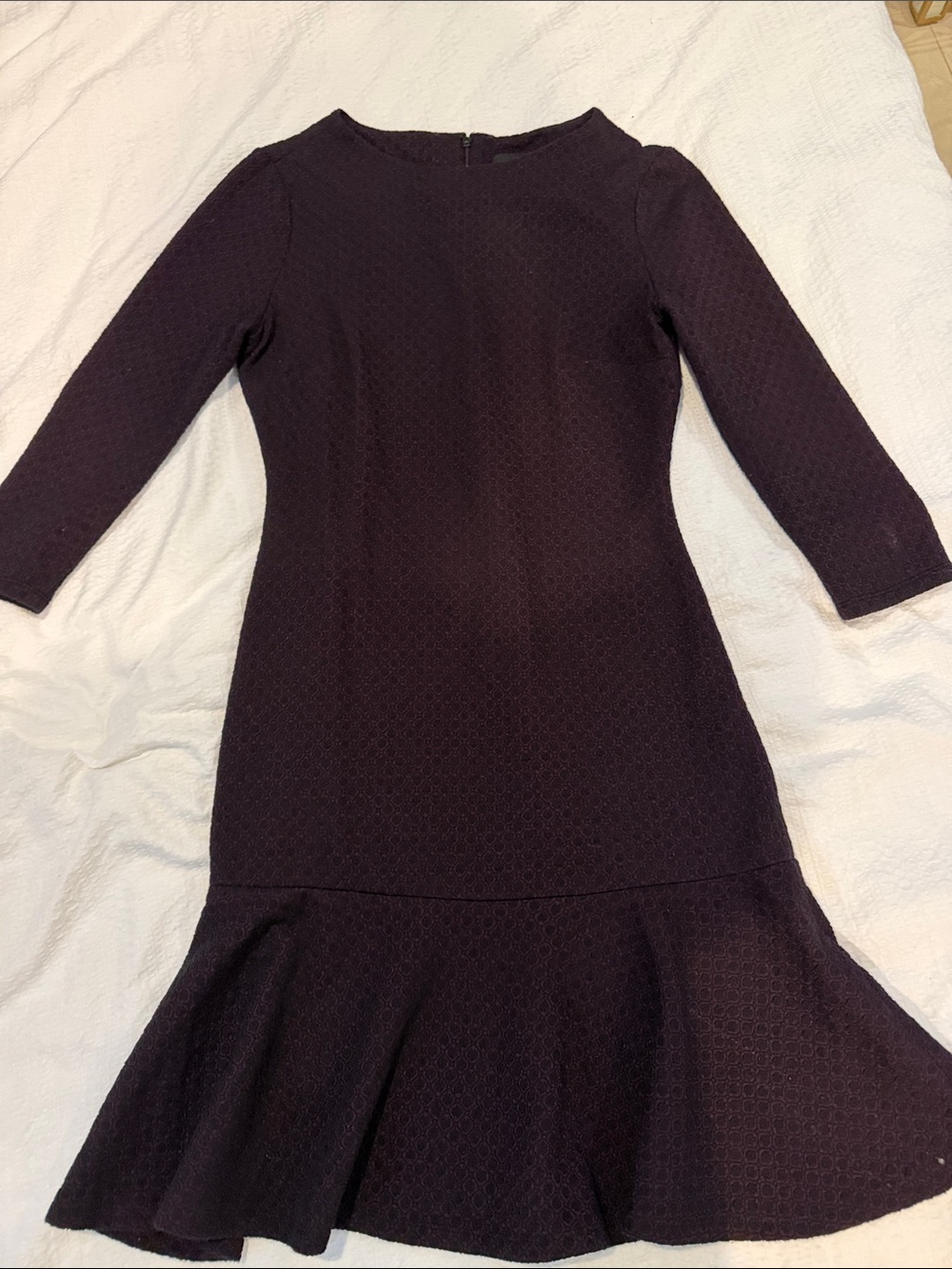 Elegant Dark Plum Fit-and-Flare Dress with 3/4 Sleeves. Ivanka Trump